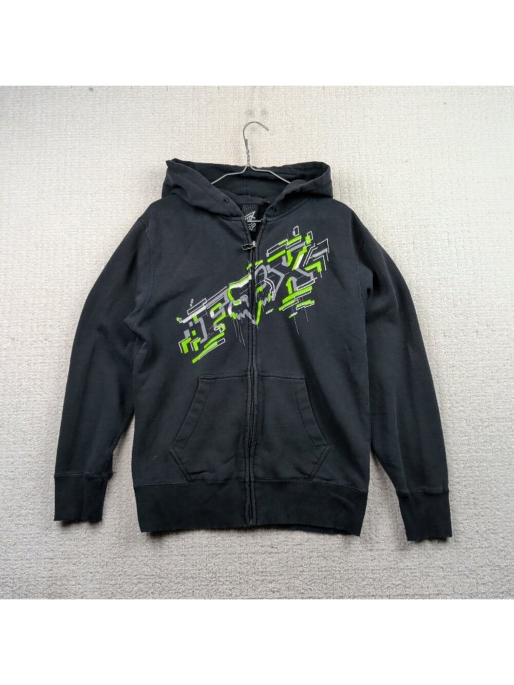 Y2K Fox Racing Full Zip Hoodie Black Neon Green Grunge Goth Alt 2000's Men Sz M